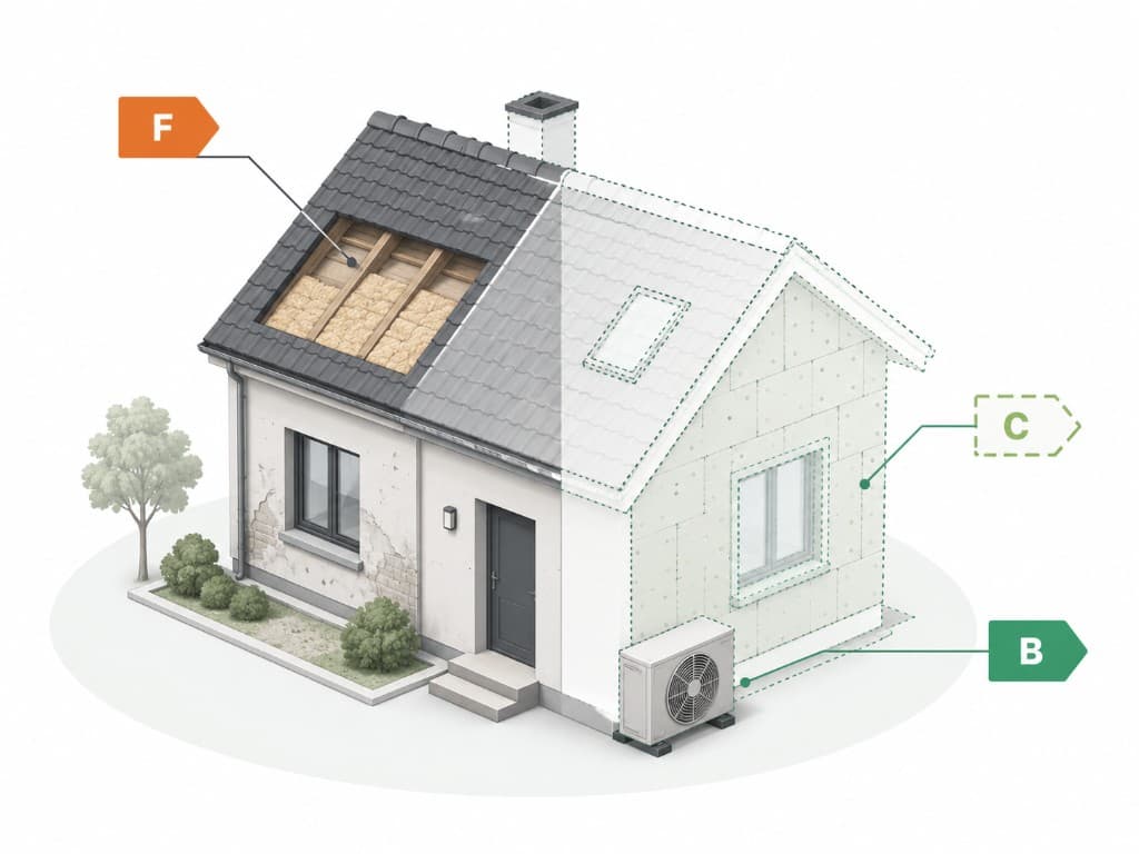 Maison en rénovation énergétique : étiquette DPE constatée F, puis projetée C puis B